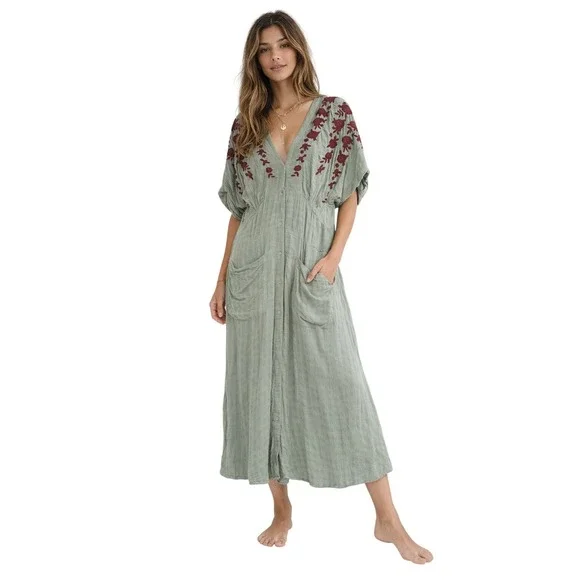 FREE PEOPLE Embroidered Midi Dress Sage Green Boho Festival M - Picture 1 of 12